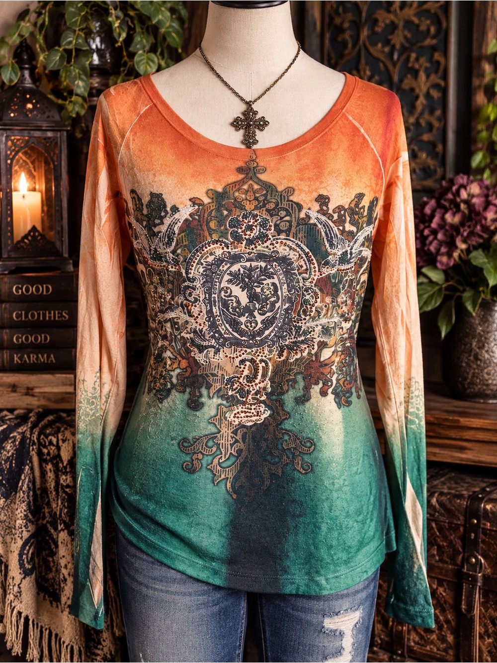 B.L.E.U. Green to Orange Ombre Long-Sleeve Top with Medallion Print